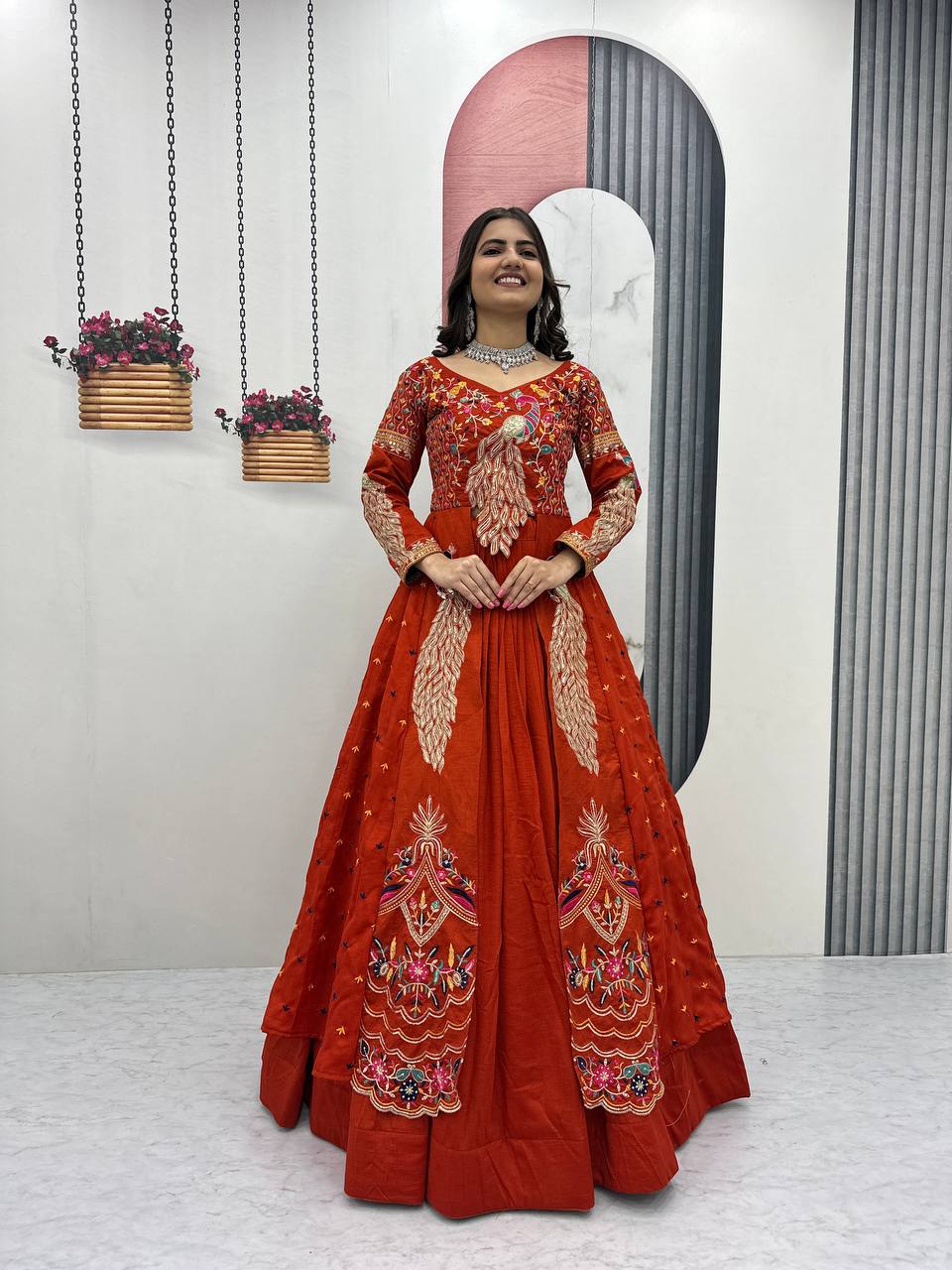 Orange vichitra embroidery thread sequence work top-lehenga set