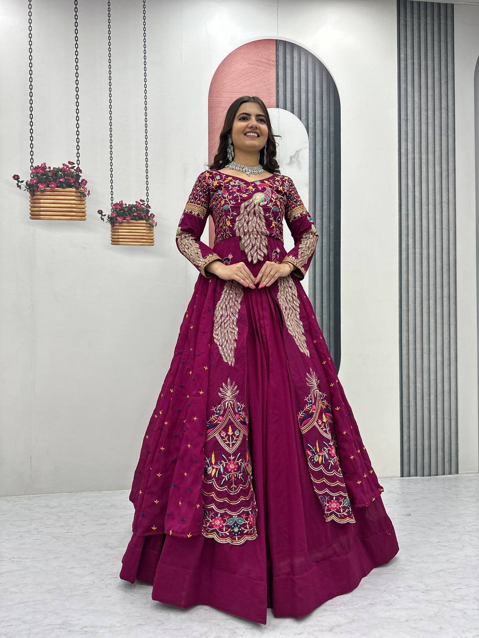 Purple vichitra embroidery thread sequence work top-lehenga set