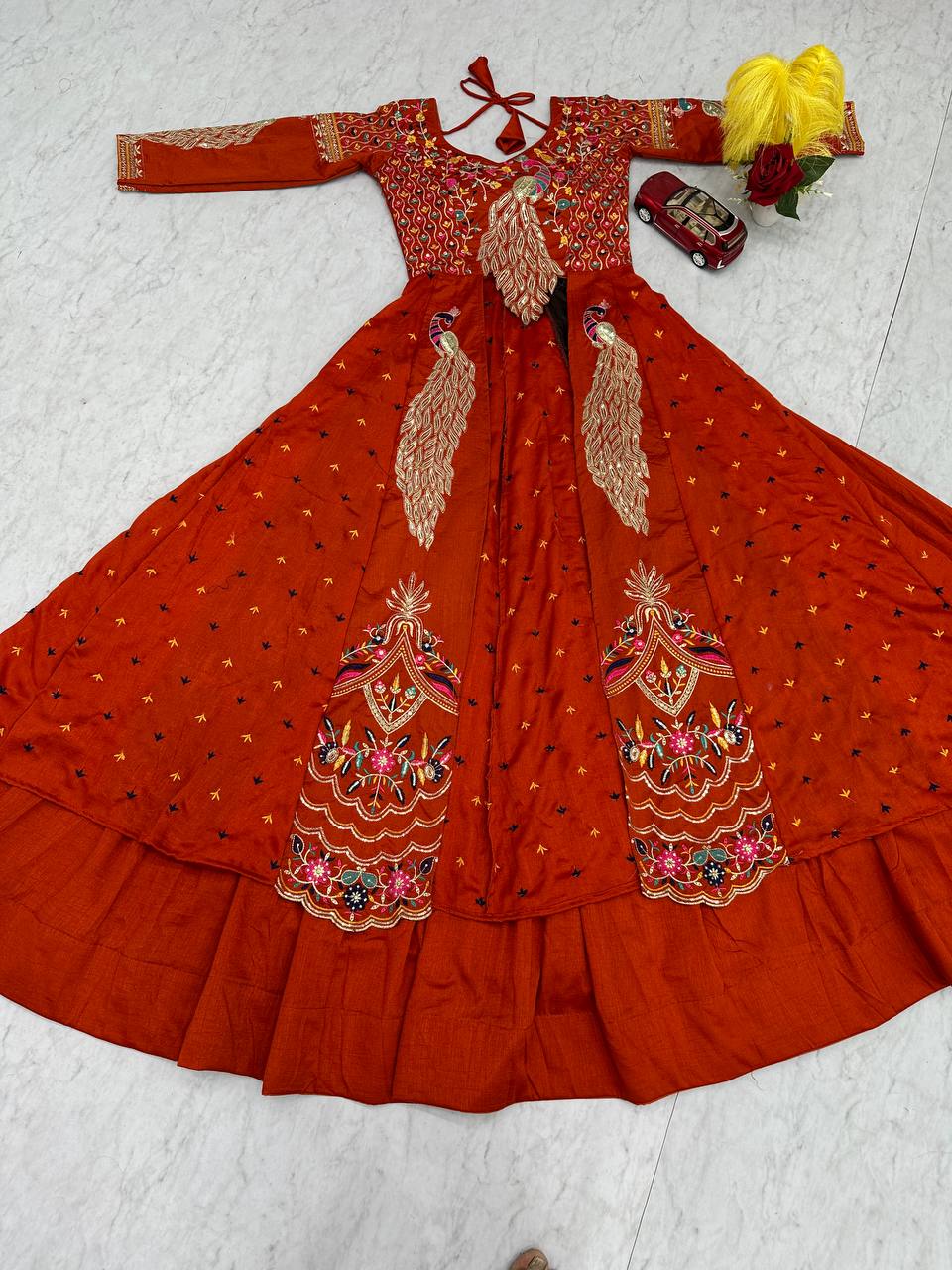 Orange vichitra embroidery thread sequence work top-lehenga set