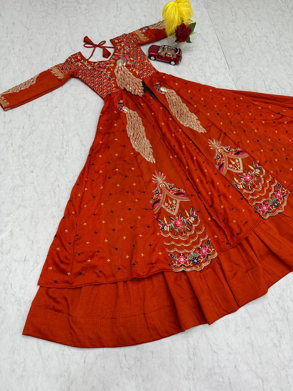 Orange vichitra embroidery thread sequence work top-lehenga set