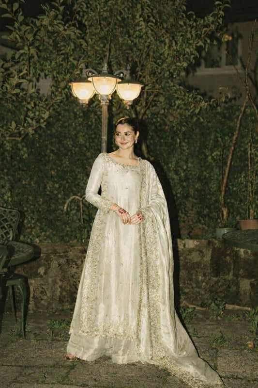 White gmy chow embroidery sequence work top-palazzo and dupatta set