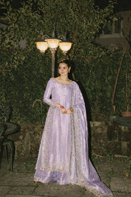Light purple gmy chow embroidery sequence work top-palazzo and dupatta set