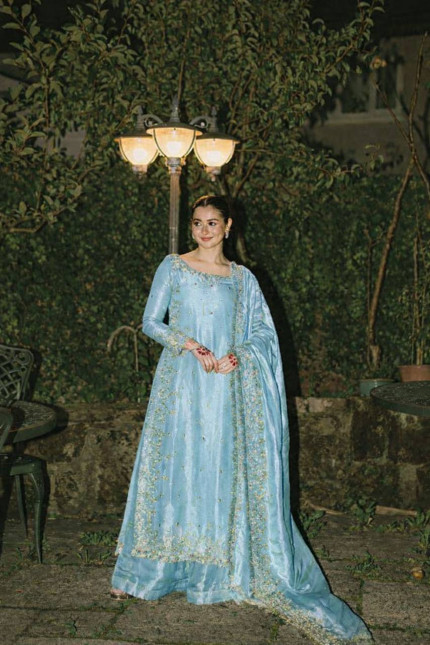 Sky blue gmy chow embroidery sequence work top-palazzo and dupatta set
