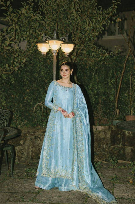 Sky blue gmy chow embroidery sequence work top-palazzo and dupatta set