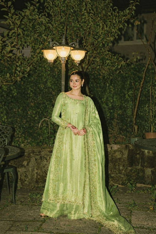 Light green gmy chow embroidery sequence work top-palazzo and dupatta set