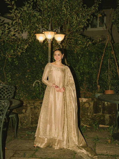 Beige gmy chow embroidery sequence work top-palazzo and dupatta set