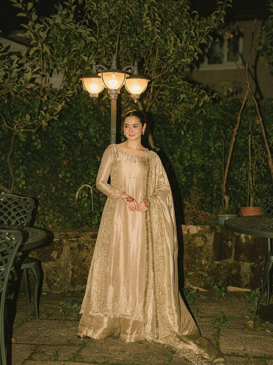 Beige gmy chow embroidery sequence work top-palazzo and dupatta set