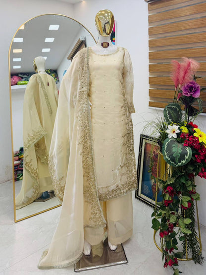 Beige gmy chow embroidery sequence work top-palazzo and dupatta set