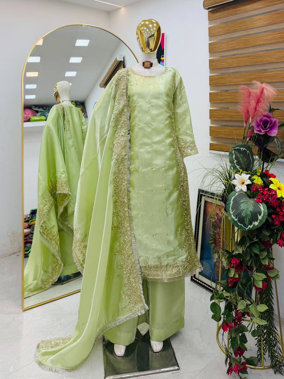 Light green gmy chow embroidery sequence work top-palazzo and dupatta set