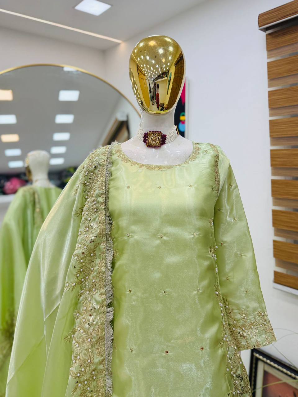Light green gmy chow embroidery sequence work top-palazzo and dupatta set