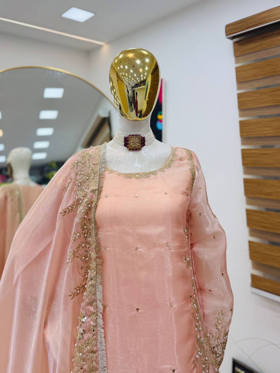 Light pink gmy chow embroidery sequence work top-palazzo and dupatta set