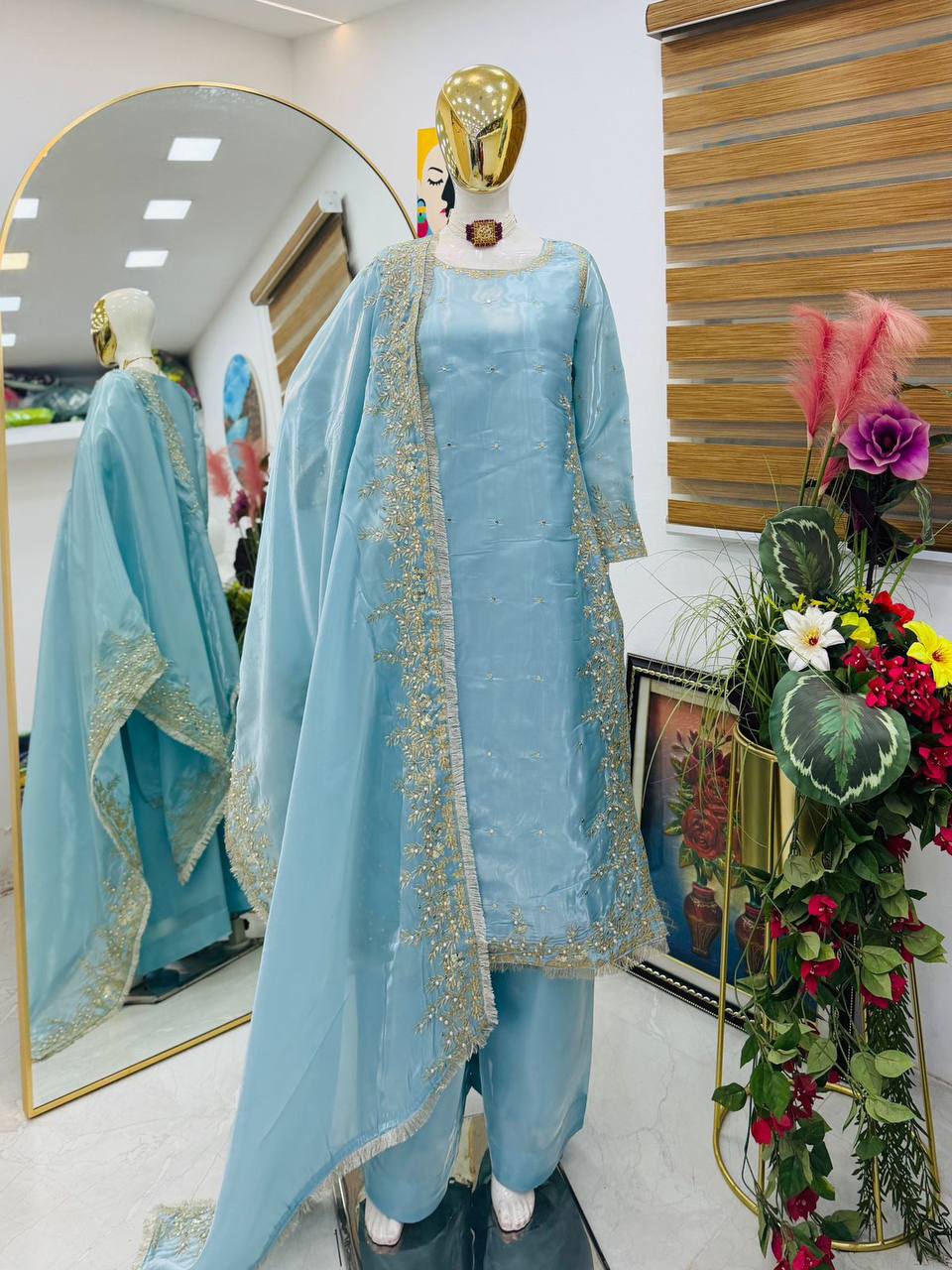 Sky blue gmy chow embroidery sequence work top-palazzo and dupatta set