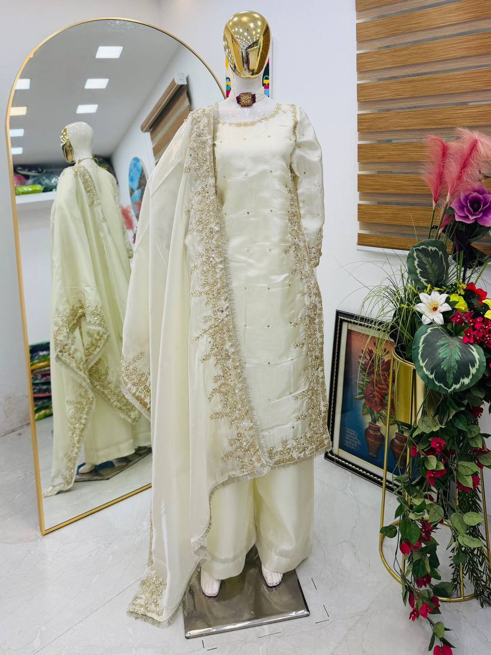 White gmy chow embroidery sequence work top-palazzo and dupatta set