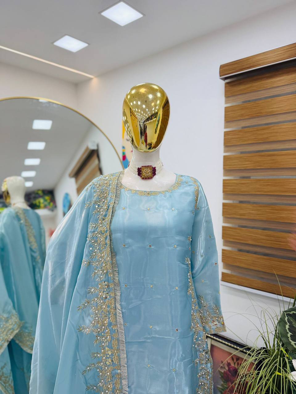 Sky blue gmy chow embroidery sequence work top-palazzo and dupatta set