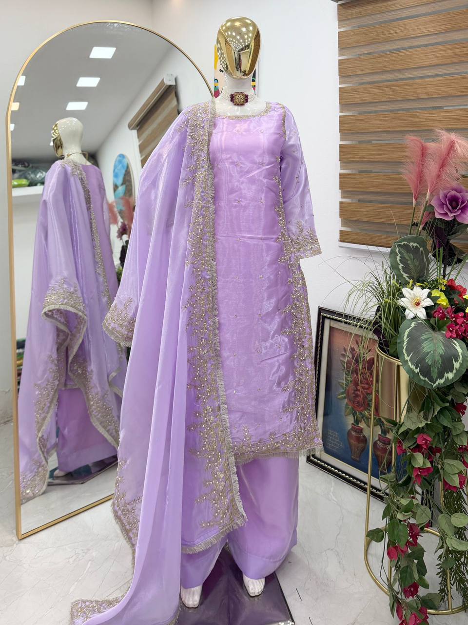 Light purple gmy chow embroidery sequence work top-palazzo and dupatta set