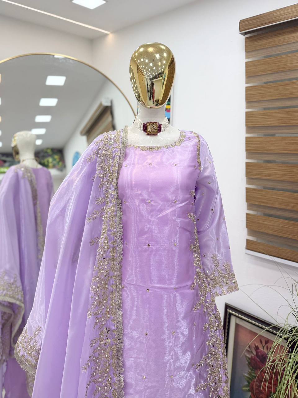 Light purple gmy chow embroidery sequence work top-palazzo and dupatta set