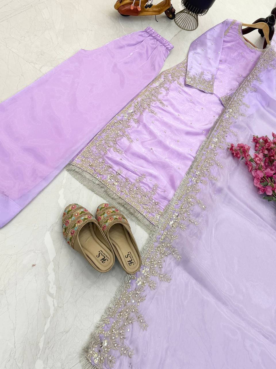 Light purple gmy chow embroidery sequence work top-palazzo and dupatta set