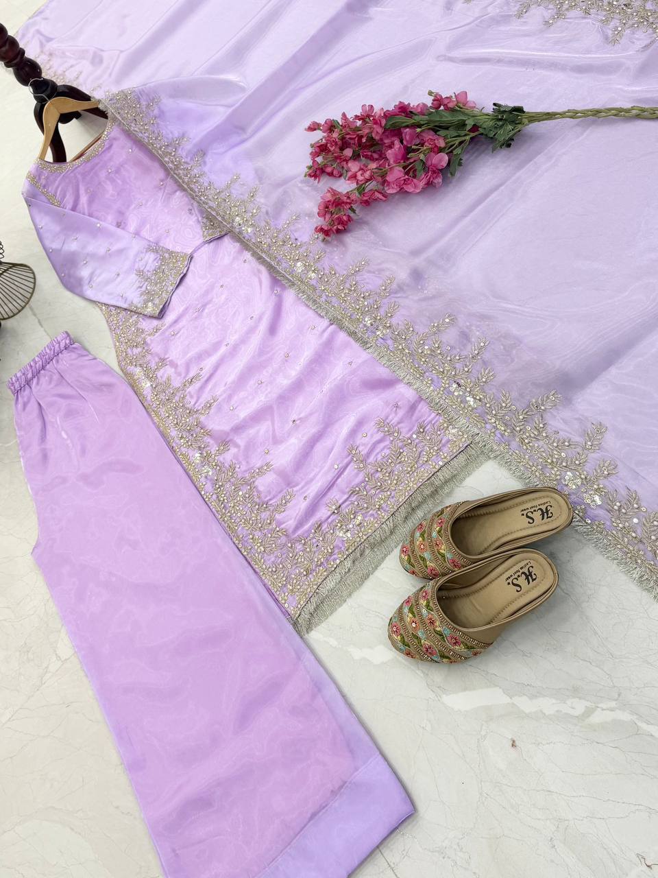 Light purple gmy chow embroidery sequence work top-palazzo and dupatta set