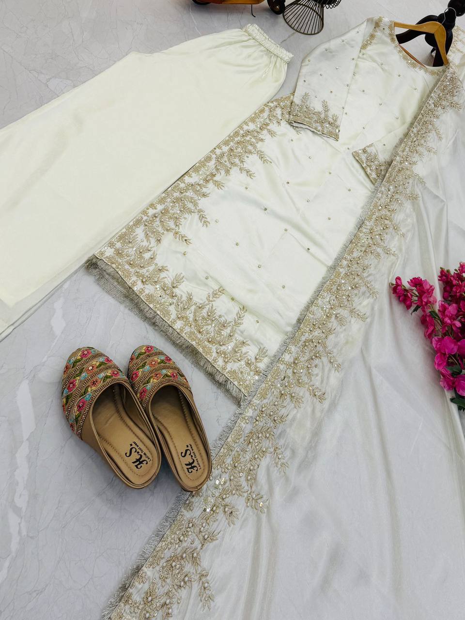 White gmy chow embroidery sequence work top-palazzo and dupatta set