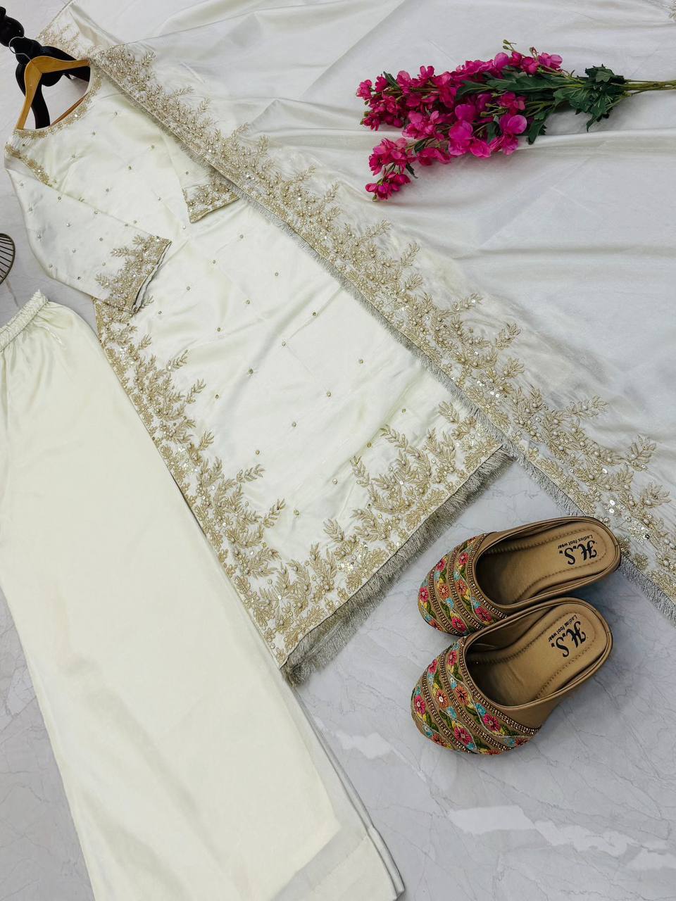 White gmy chow embroidery sequence work top-palazzo and dupatta set
