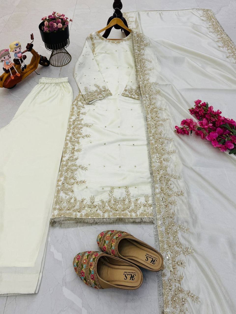 White gmy chow embroidery sequence work top-palazzo and dupatta set