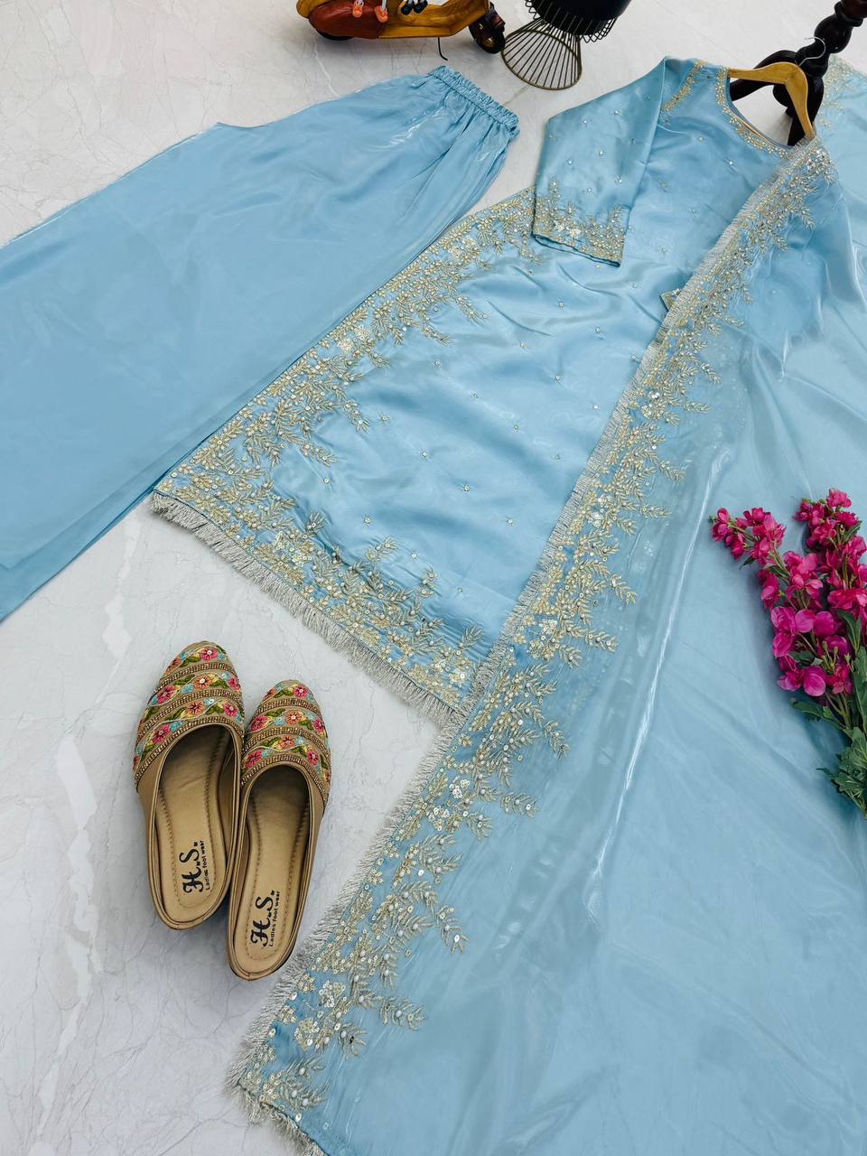 Sky blue gmy chow embroidery sequence work top-palazzo and dupatta set