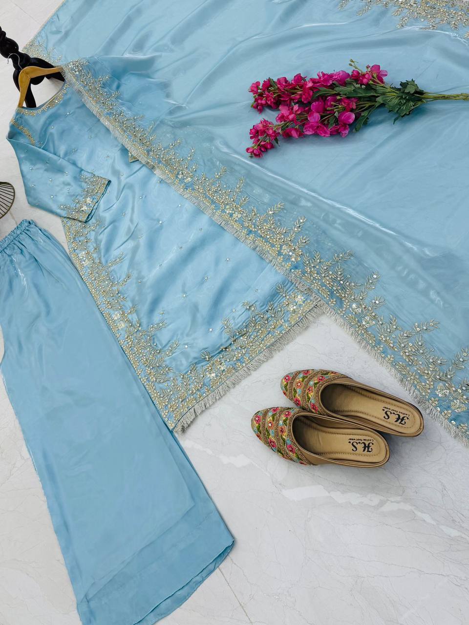Sky blue gmy chow embroidery sequence work top-palazzo and dupatta set