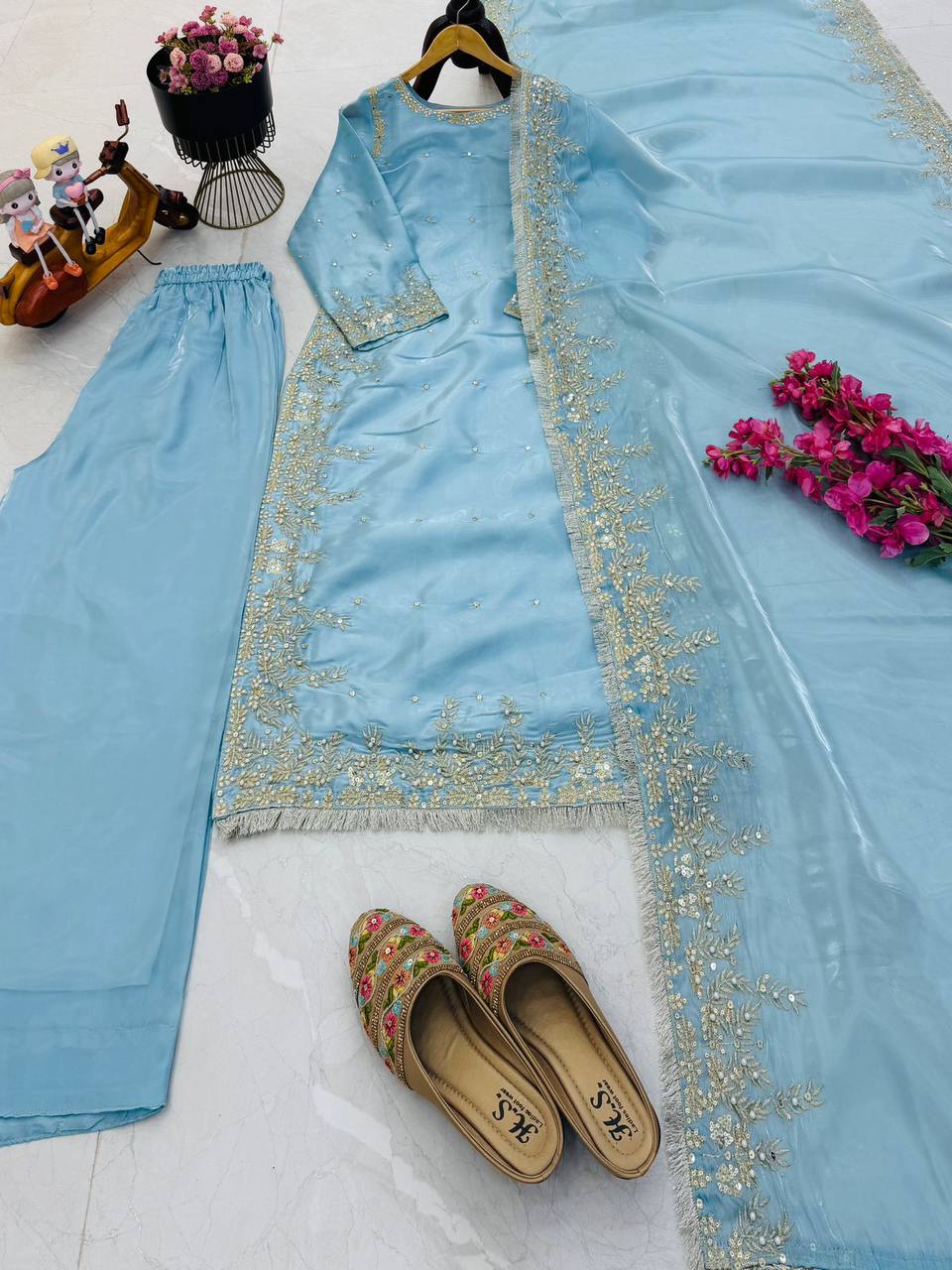 Sky blue gmy chow embroidery sequence work top-palazzo and dupatta set