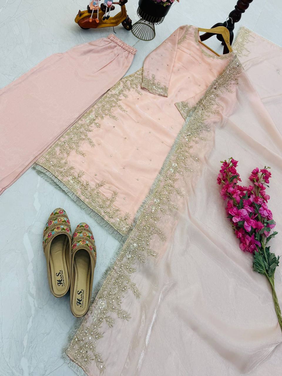 Light pink gmy chow embroidery sequence work top-palazzo and dupatta set
