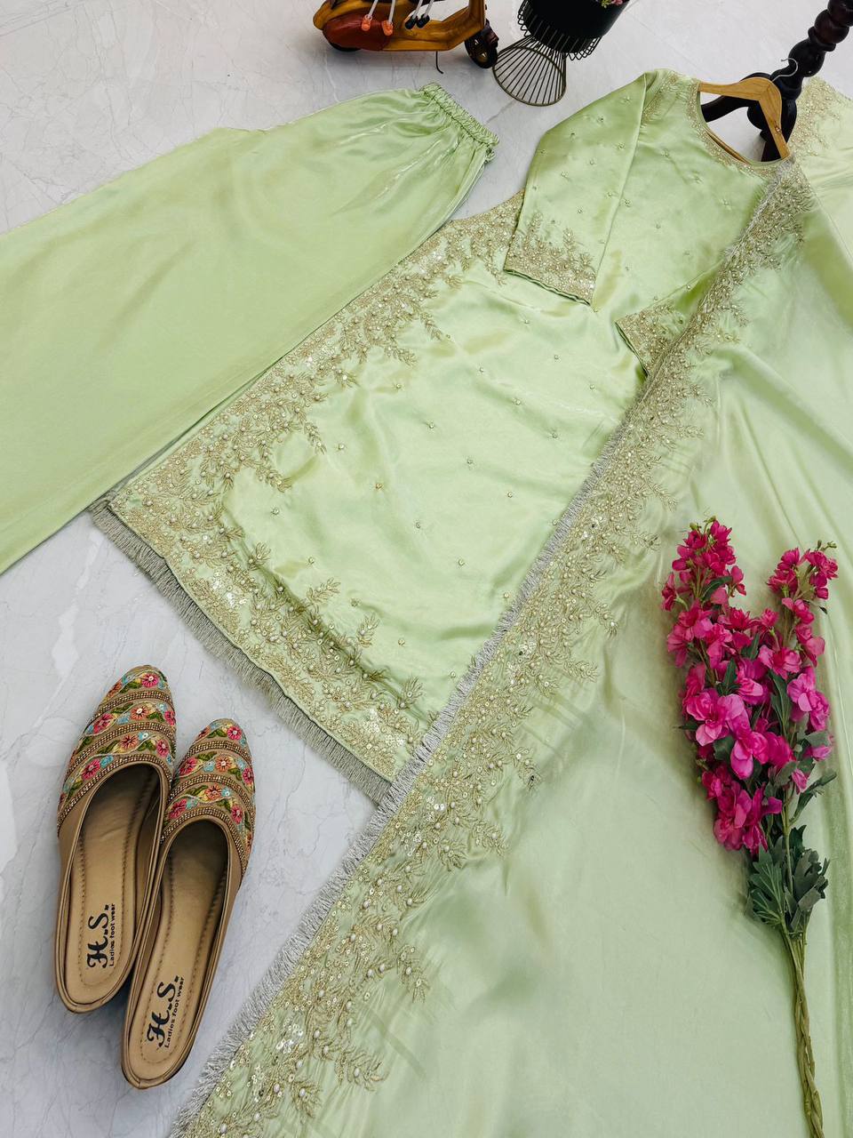 Light green gmy chow embroidery sequence work top-palazzo and dupatta set