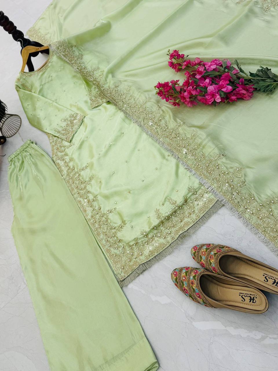 Light green gmy chow embroidery sequence work top-palazzo and dupatta set