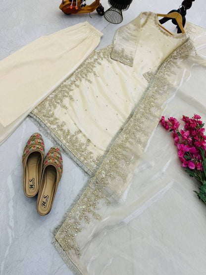 Beige gmy chow embroidery sequence work top-palazzo and dupatta set
