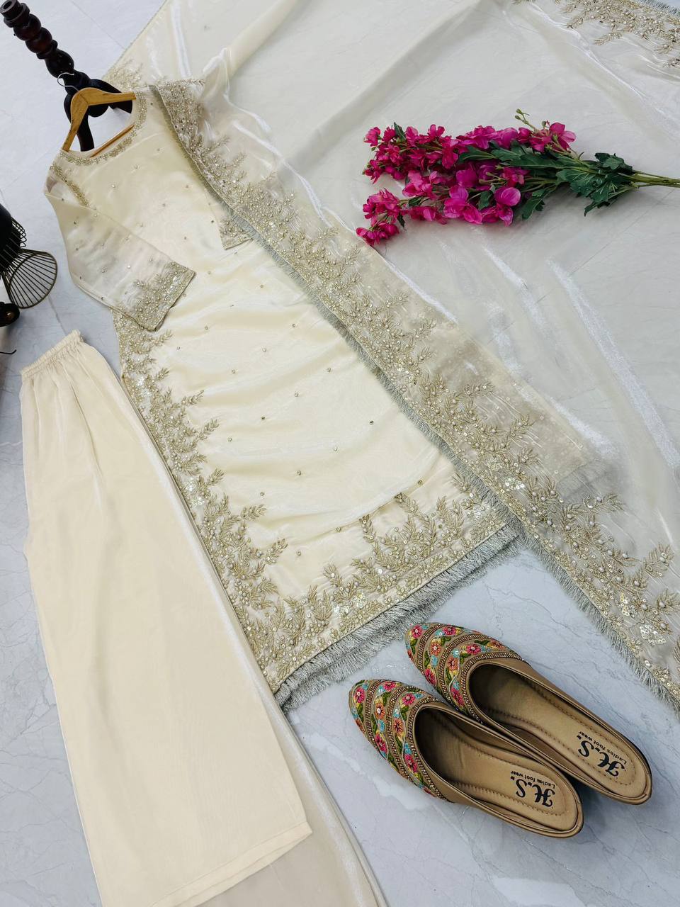 Beige gmy chow embroidery sequence work top-palazzo and dupatta set