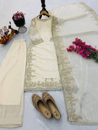 Beige gmy chow embroidery sequence work top-palazzo and dupatta set