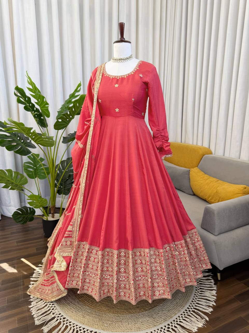 Rose gold chinon silk Coding with sequence anarkali, pant and dupatta set