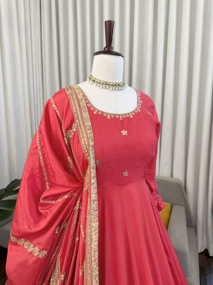 Rose gold chinon silk Coding with sequence anarkali, pant and dupatta set