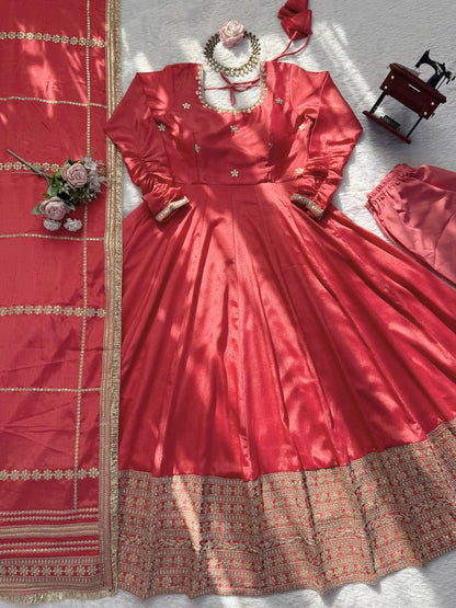 Rose gold chinon silk Coding with sequence anarkali, pant and dupatta set