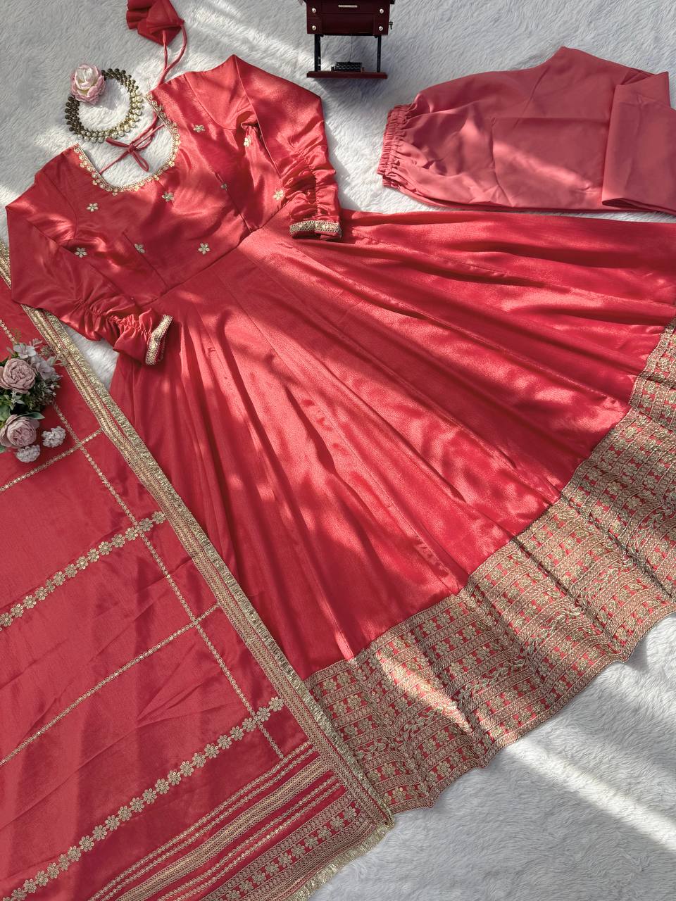 Rose gold chinon silk Coding with sequence anarkali, pant and dupatta set