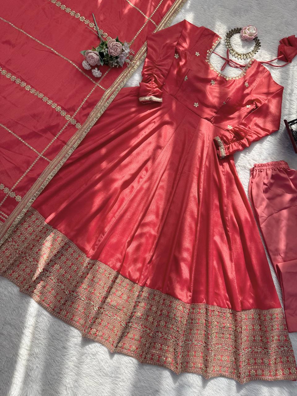 Rose gold chinon silk Coding with sequence anarkali, pant and dupatta set