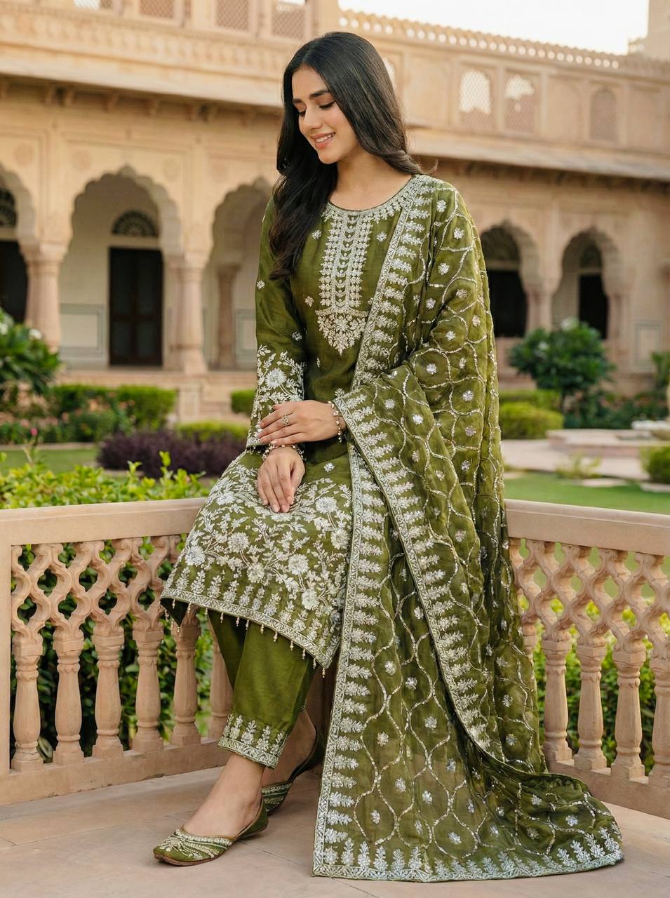 Mehndi pure gmy silk with heavy embroidery sequence work top-palazzo and dupatta