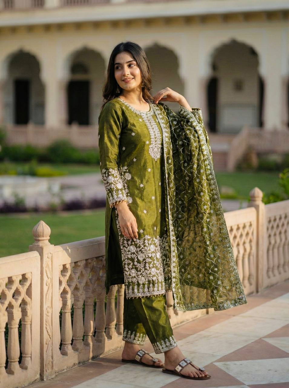 Mehndi pure gmy silk with heavy embroidery sequence work top-palazzo and dupatta