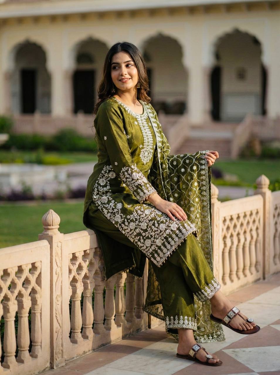 Mehndi pure gmy silk with heavy embroidery sequence work top-palazzo and dupatta
