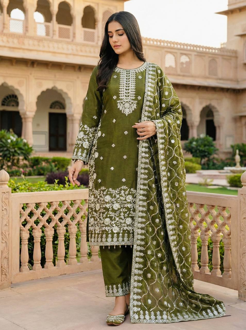 Mehndi pure gmy silk with heavy embroidery sequence work top-palazzo and dupatta