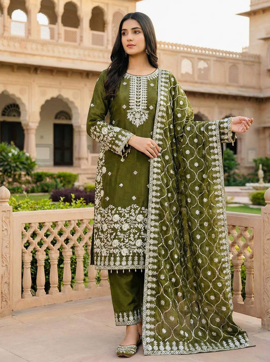 Mehndi pure gmy silk with heavy embroidery sequence work top-palazzo and dupatta