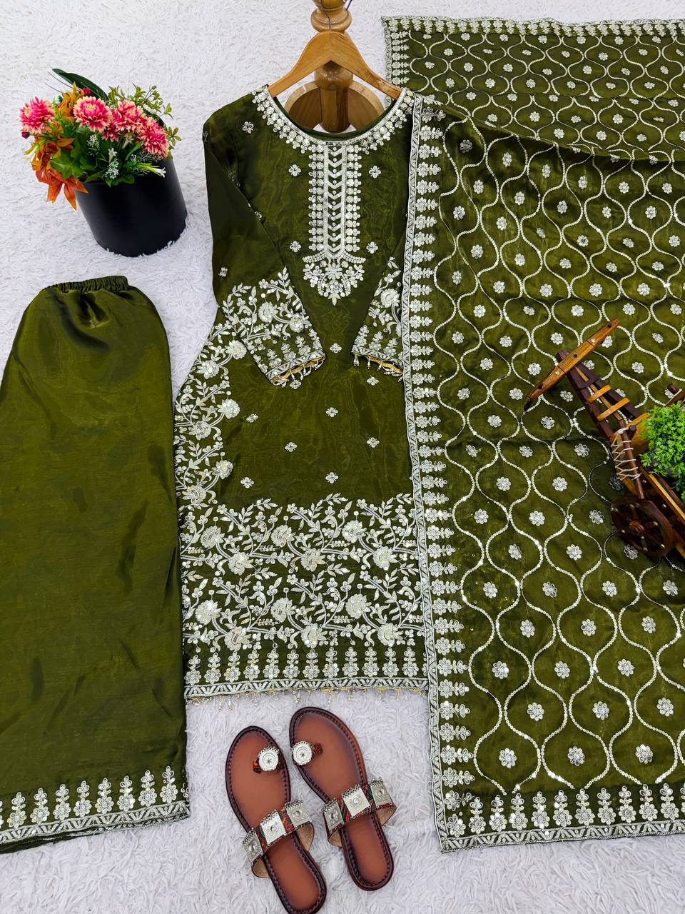 Mehndi pure gmy silk with heavy embroidery sequence work top-palazzo and dupatta