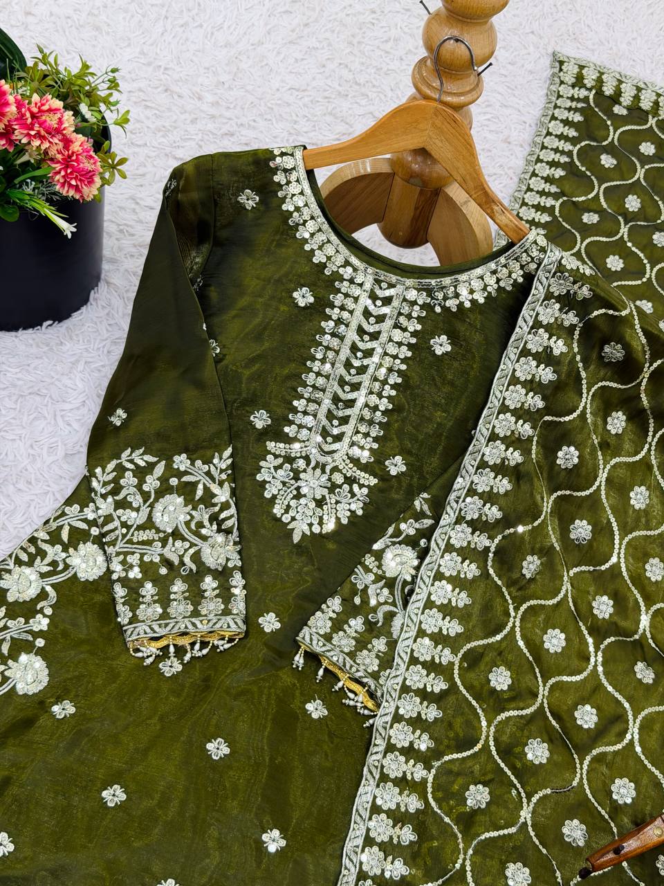 Mehndi pure gmy silk with heavy embroidery sequence work top-palazzo and dupatta