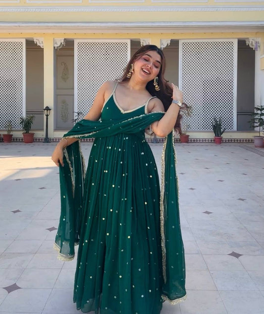 Dark green faux blooming with heavy sequins & zari work anarkali set