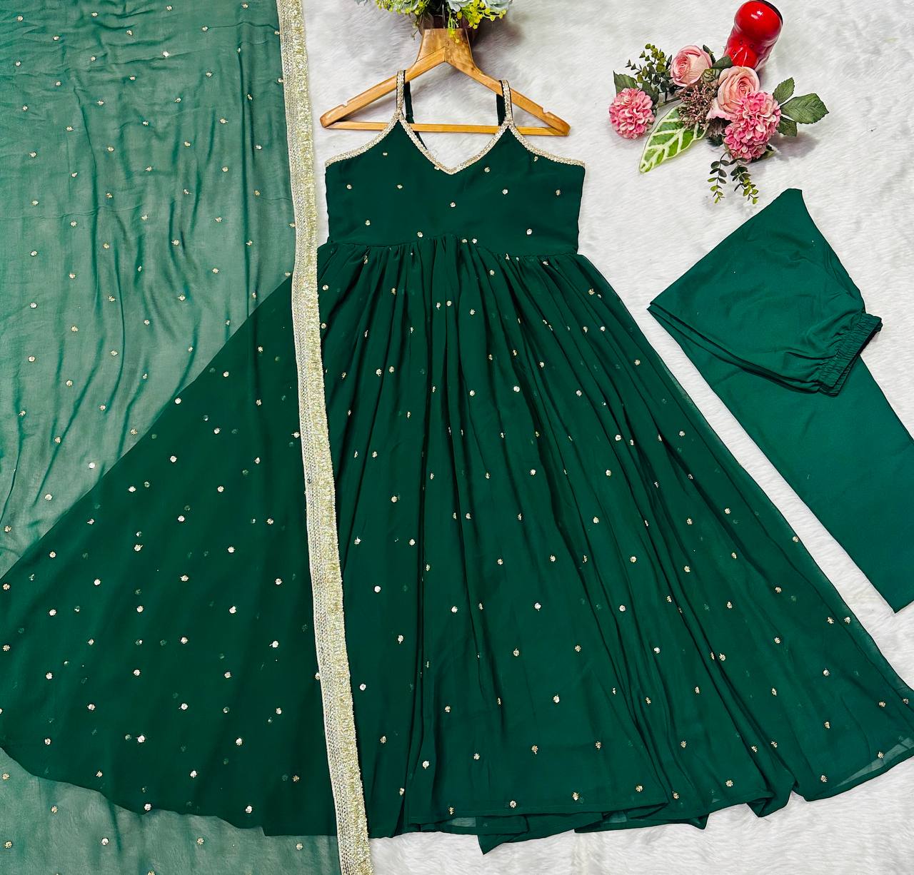 Dark green faux blooming with heavy sequins & zari work anarkali set