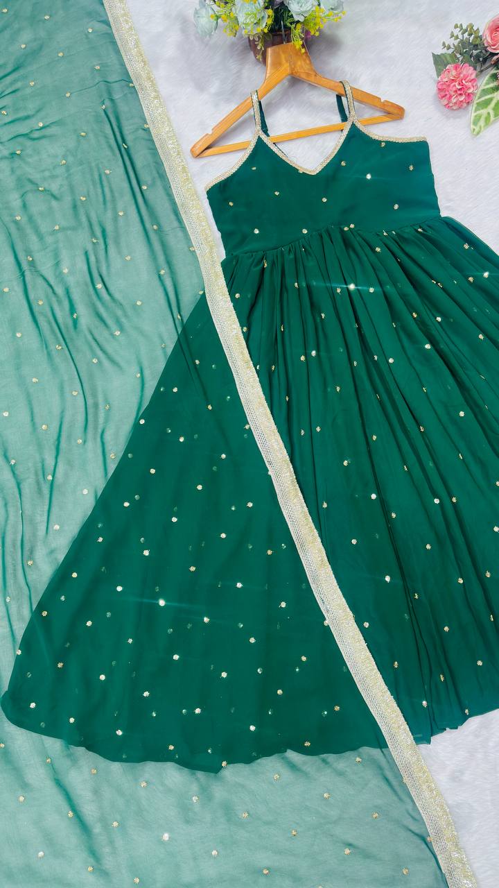 Dark green faux blooming with heavy sequins & zari work anarkali set