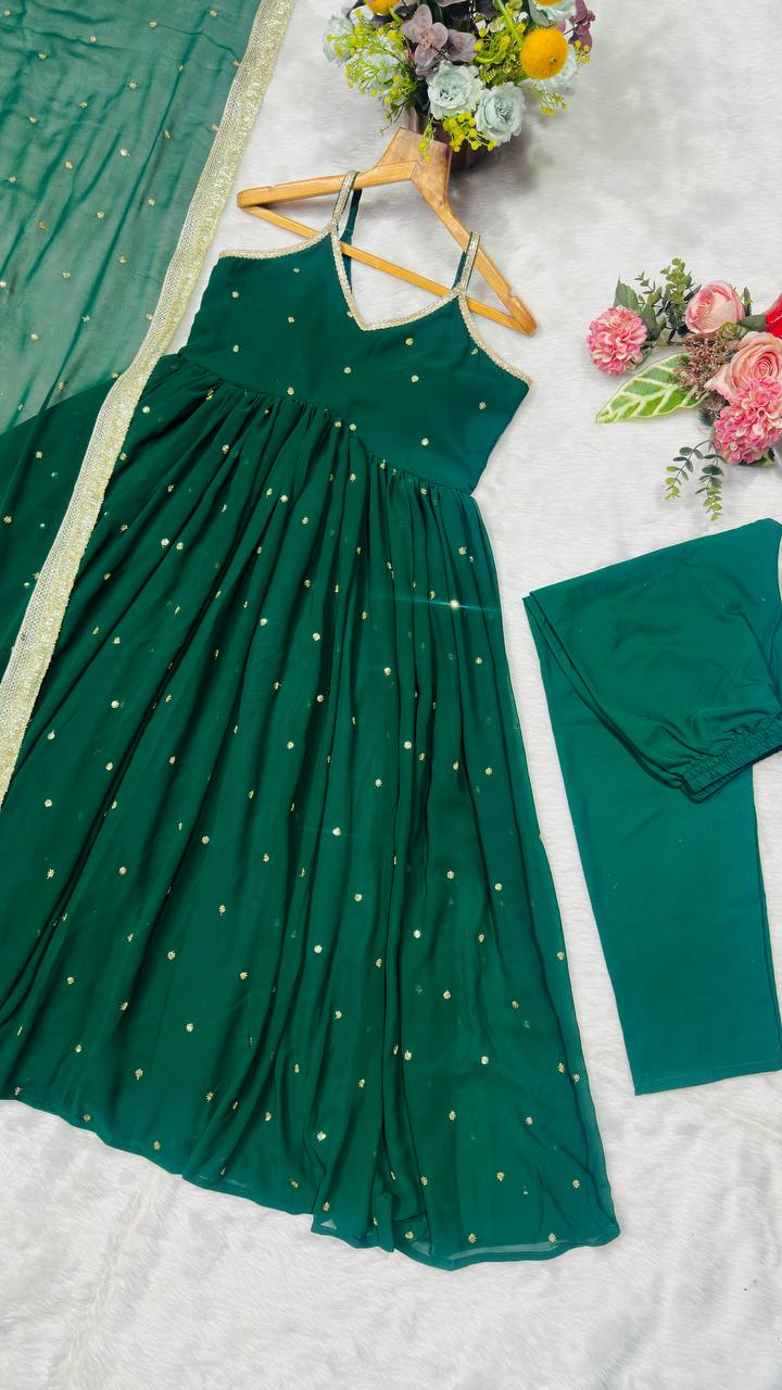 Dark green faux blooming with heavy sequins & zari work anarkali set